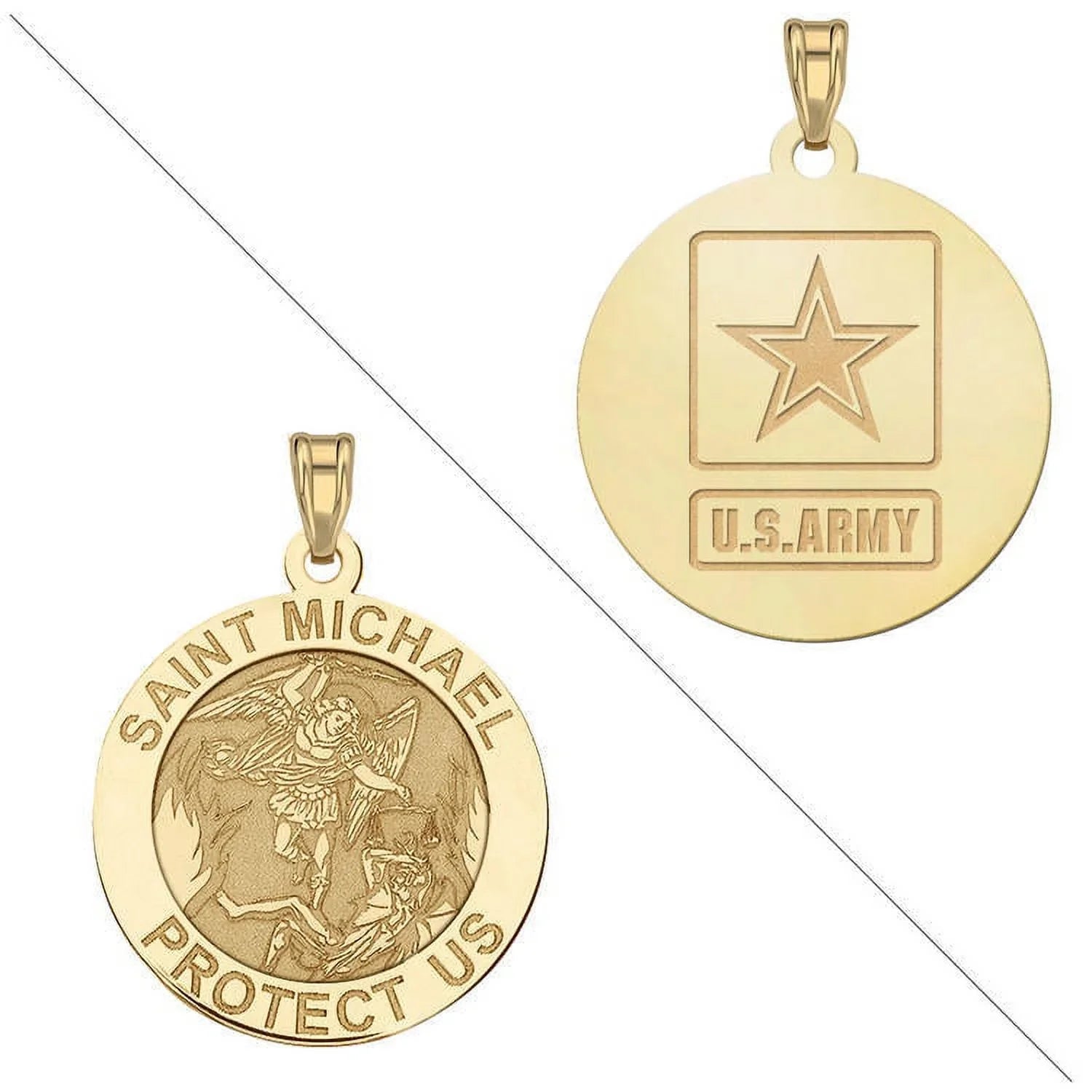 Saint Michael Doubledside ARMY Religious Medal - 3/4 Inch Size of a Nickel - Solid 14K Yellow Gold