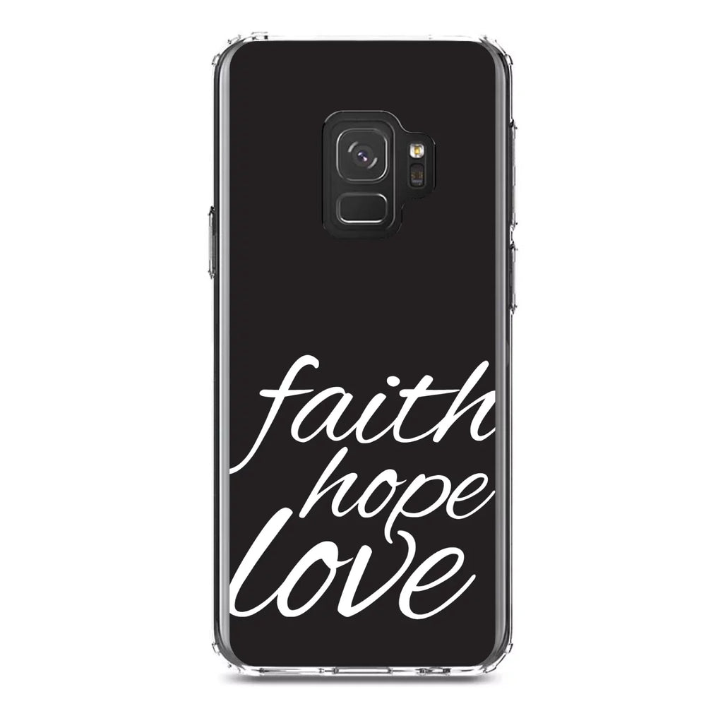 DistinctInk Clear Shockproof Hybrid Case for Galaxy S9 (5.8" Monitor - TPU Bumper, Acrylic Back, Tempered Glass Display Protector - Faith / Hope / Love - Black & White - Christ