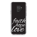 DistinctInk Clear Shockproof Hybrid Case for Galaxy S9 (5.8" Monitor - TPU Bumper, Acrylic Back, Tempered Glass Display Protector - Faith / Hope / Love - Black & White - Christ