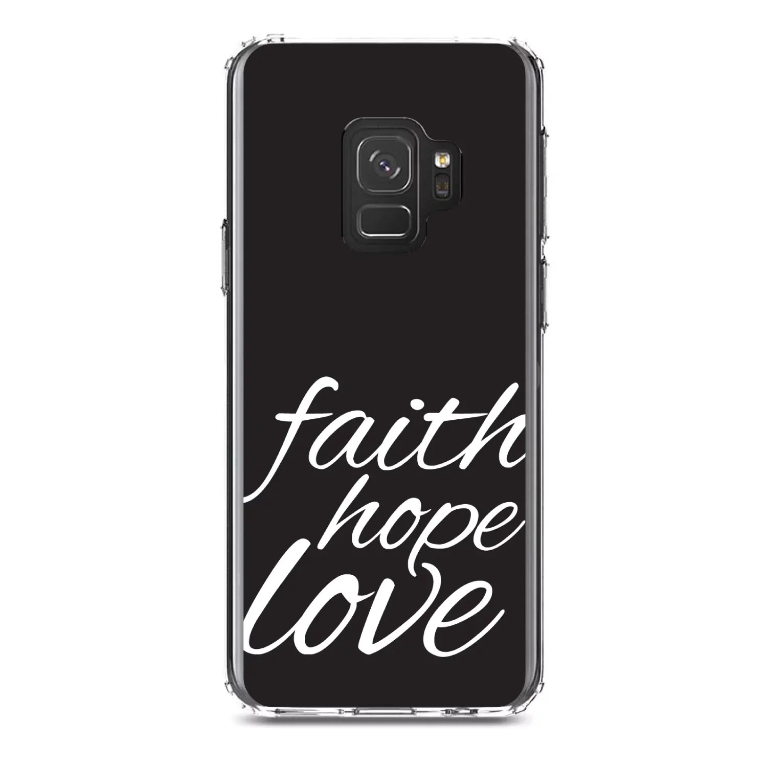 DistinctInk Clear Shockproof Hybrid Case for Galaxy S9 (5.8" Monitor - TPU Bumper, Acrylic Back, Tempered Glass Display Protector - Faith / Hope / Love - Black & White - Christ
