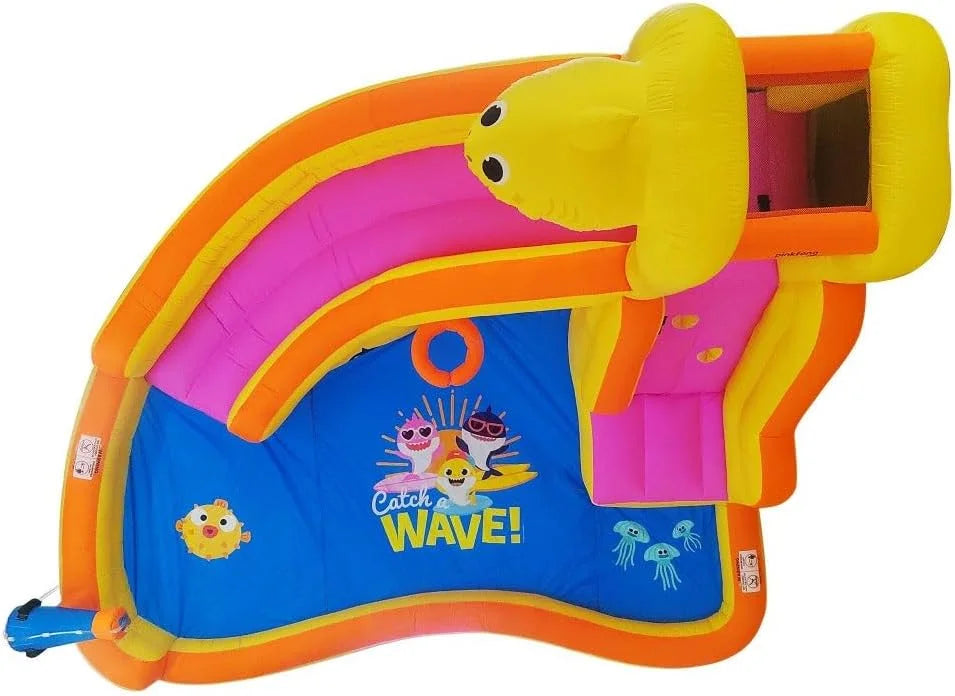 Funormous Baby Shark Bounce House with Slide Wet or Dry, Pink Fong Inflatable Fluid Slide, Party Outdoor Curve Fluid Fun, Kids Backyard Fluid Park, Includes Fluid Sprayer, Pool & Blower