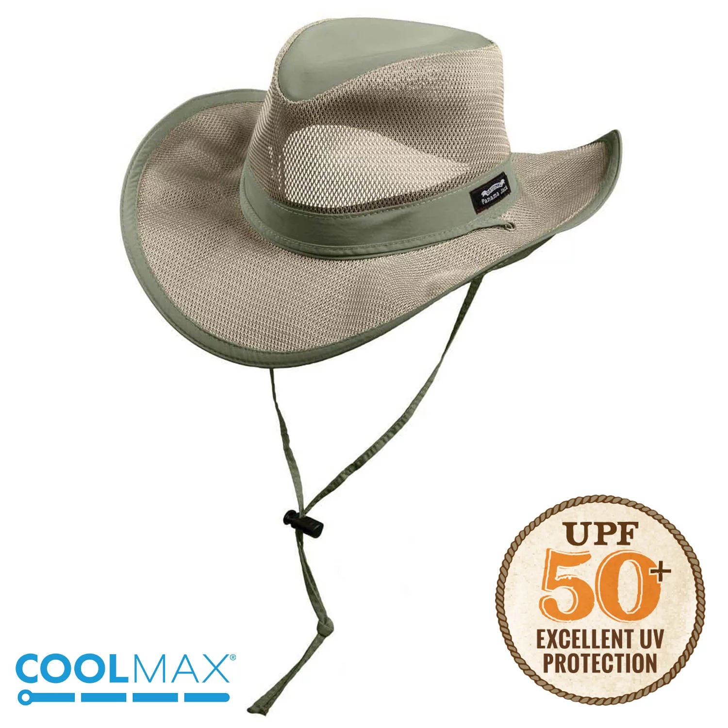 Panama Jack Mesh Crown Safari Sun Hat, 3" Brim, Adjustable Chin Cord, UPF (SPF) 50+ Sun Protection (Fossil, Large)