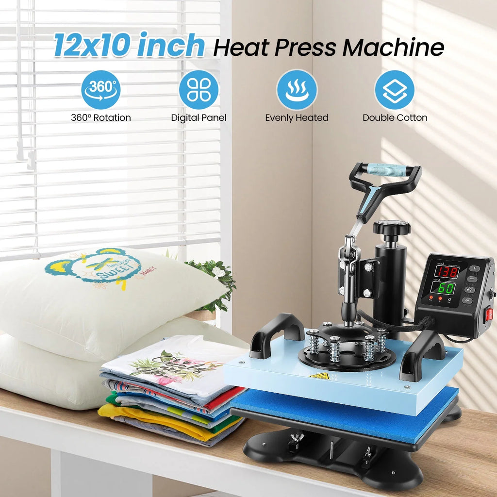 Qhomic 12x10in Heat Press Machine Digital Precise LCD Control Printing Sublimation, Heat Transfer Machine with 360 Degree Swivel Away Printing Transfer for DIY T-shirts, Tote Bags, Mats