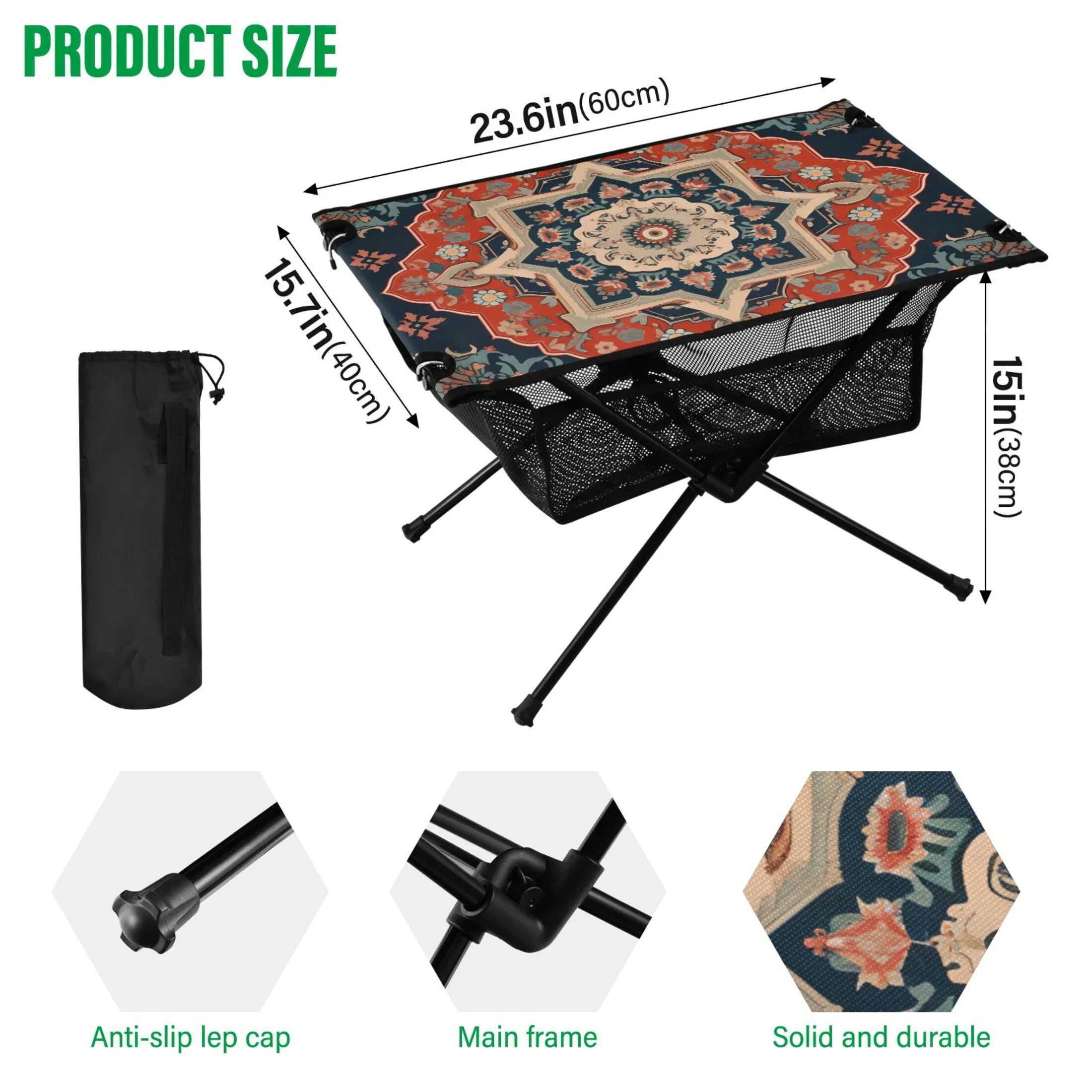 Indian Mandala Pattern Camping Folding Table Portable Beach Table with Storage Bag Compact Picnic Table for Outdoor Travel Fishing BBQ