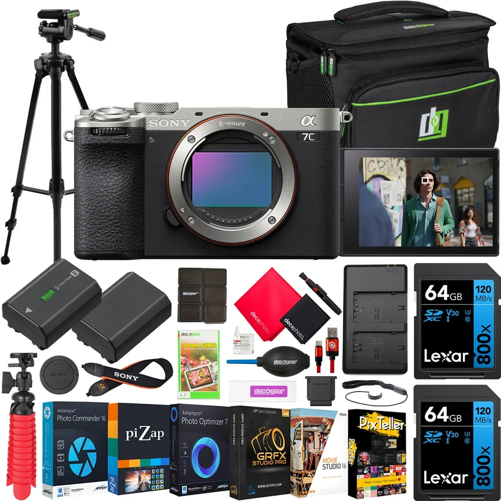 a7C II Full Frame Mirrorless Interchangeable Lens Camera Body Silver ILCE-7CM2/S Bundle with Deco Gear Photography Bag Case + Extra Battery + Dual Charger + Tripod + Software Kit & Accessories