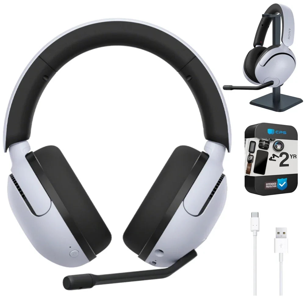 WHG500/W INZONE H5 Wireless Noise Cancelling Gaming Headset, White Bundle with Deco Gear Pro Audio Headphone Stand, 6 Foot USB-A to USB-C Cable & 2 YR CPS Enhanced Protection Pack