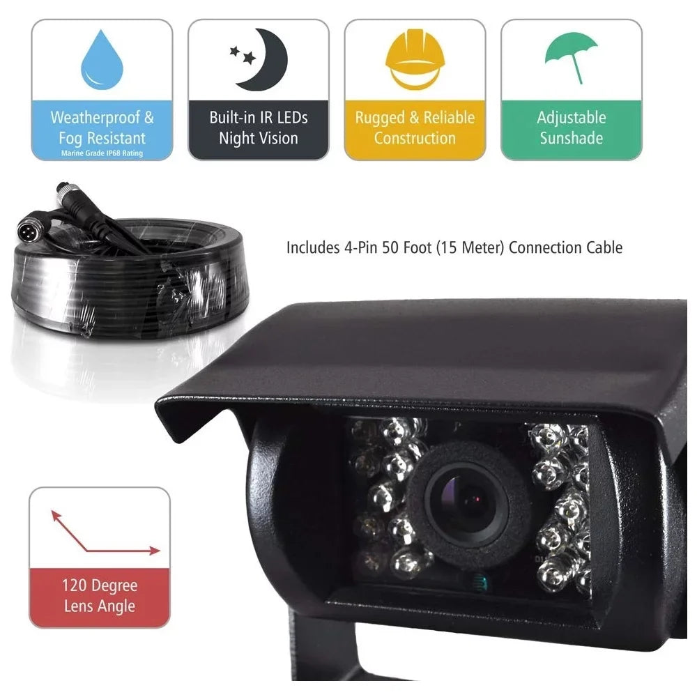 Weatherproof Rearview Backup Camera & Monitor Video System, Commercial Grade, 2 Cameras, 7" Monitor, Dual DC 12-24V for Bus, Truck, Trailer, Van