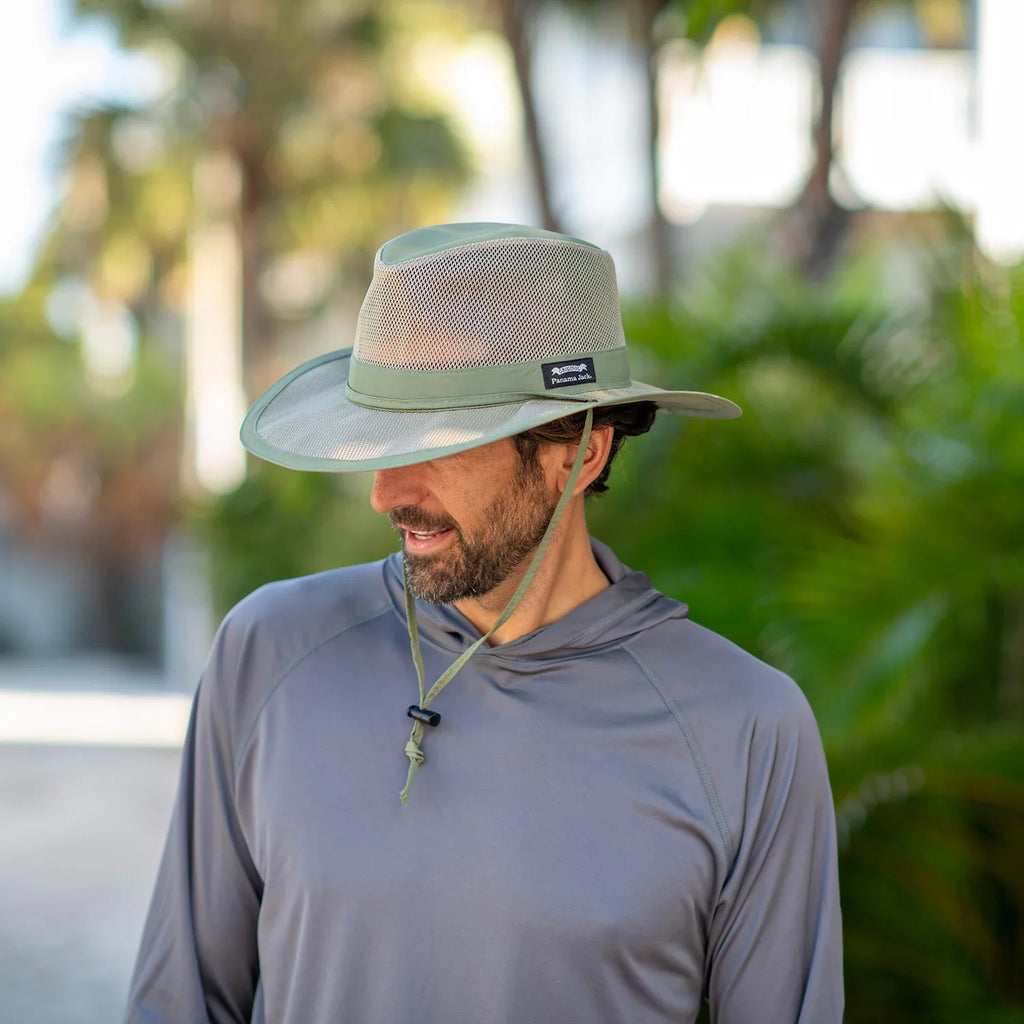 Panama Jack Mesh Crown Safari Sun Hat, 3" Brim, Adjustable Chin Cord, UPF (SPF) 50+ Sun Protection (Fossil, Large)