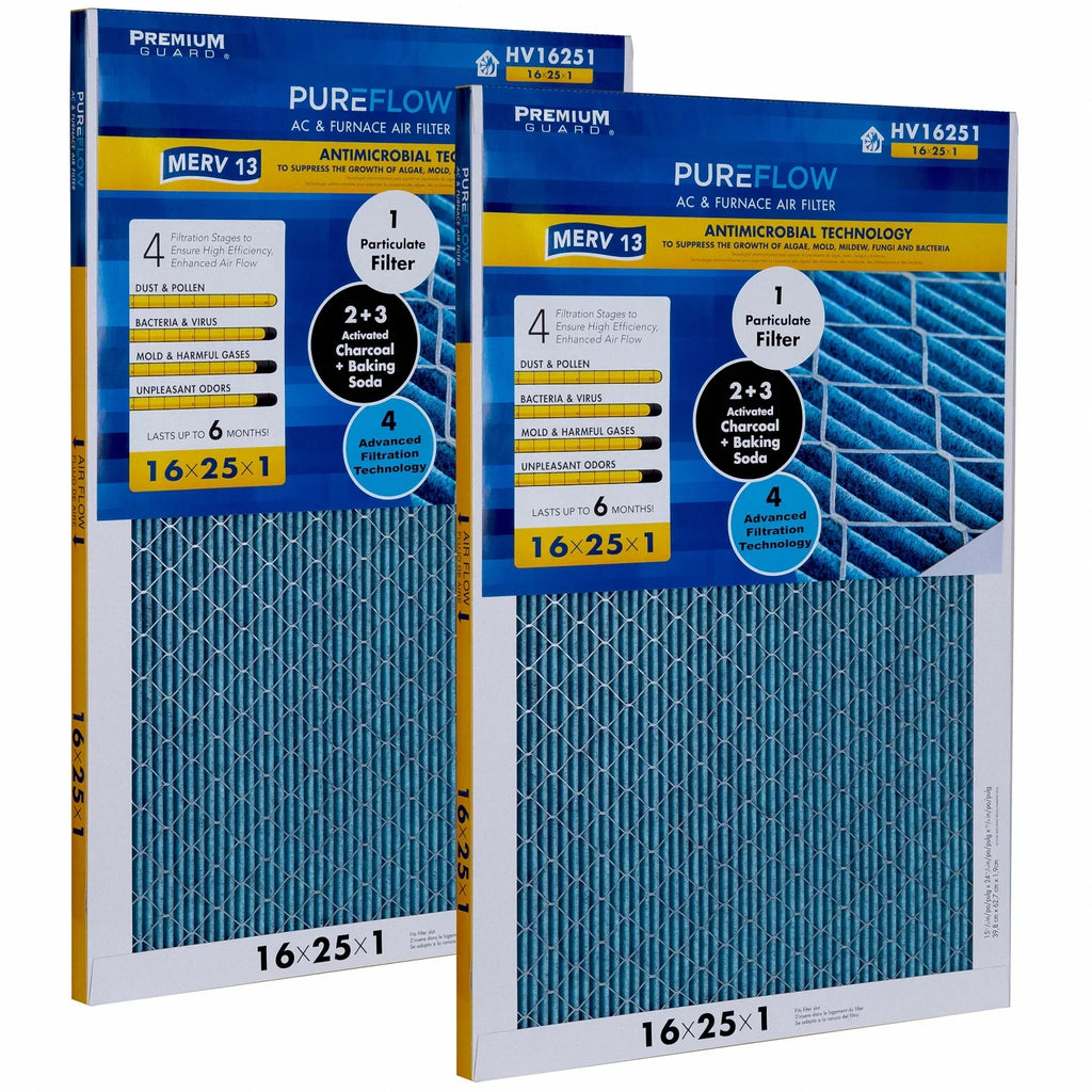 PureFlow, Home Furnace Air Filter 16x25x1, with 4 Layers of Advanced Filtration Technology, MERV-13 Pack-of-2