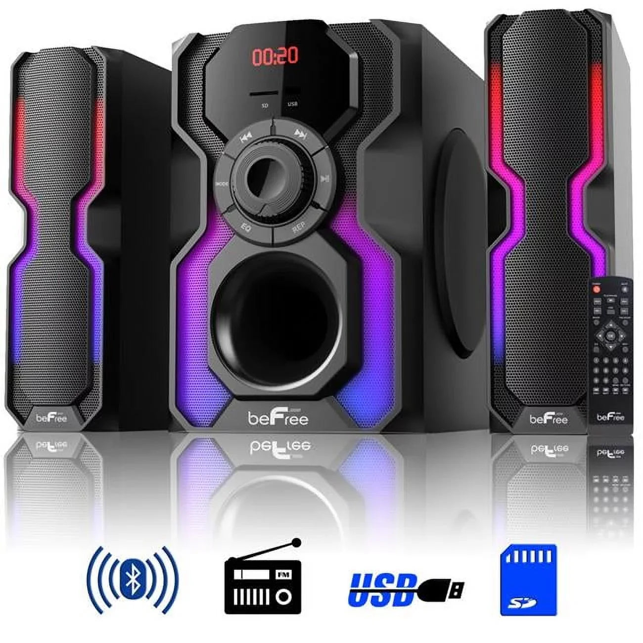 BeFree Sound 2.1 Channel Bluetooth Multimedia Wired Speaker Shelf Stereo System with Reactive LED Lights, FM Radio, USB & SD Inputs, 6 ohm - Black & Silver