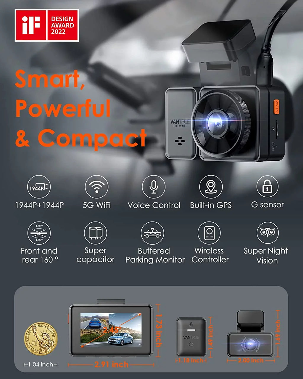 Vantrue E2 Dual 2.5K Front and Rear Dash Cam with 5G WiFi, GPS & Voice Control, 1944P+1944P Car Camera, 24hrs Buffered Parking Mode, Enhanced Night Vision, Motion Detection, Capacitor, Support 512GB