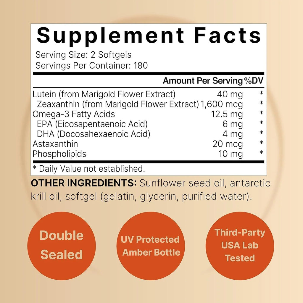 Lutein 40 mg with Zeaxanthin 360 Softgels Astaxanthin/Phosphalipids/Omega-3/Krill