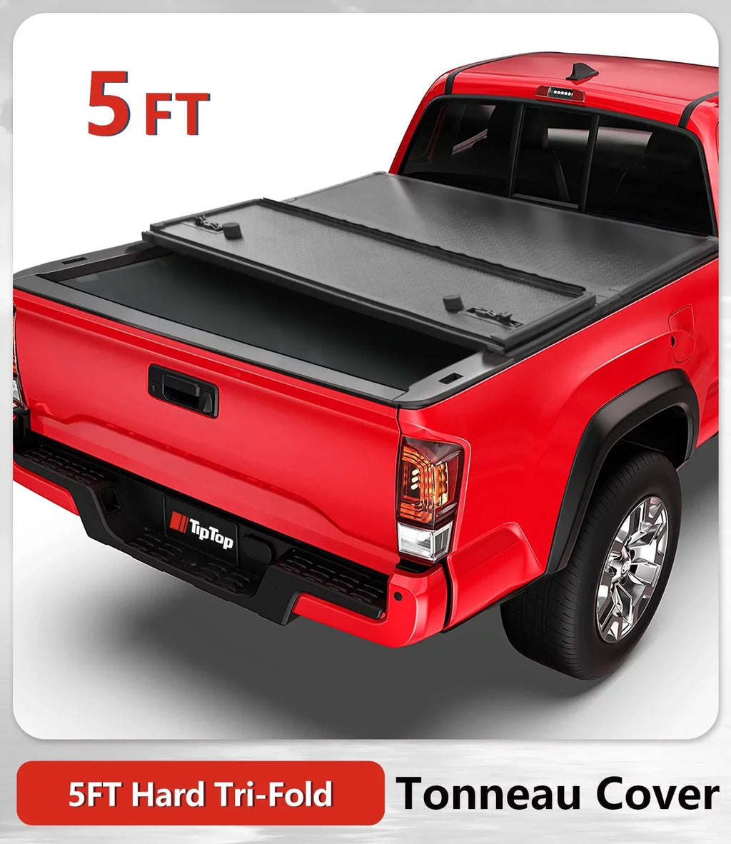 TIPTOP Tri-Fold Hard Tonneau Cover Truck Bed FRP On Top For 2005-2015 Tacoma 5ft Bed (60.3") | TPM3 |For Models With or Without The Deck Rail System|