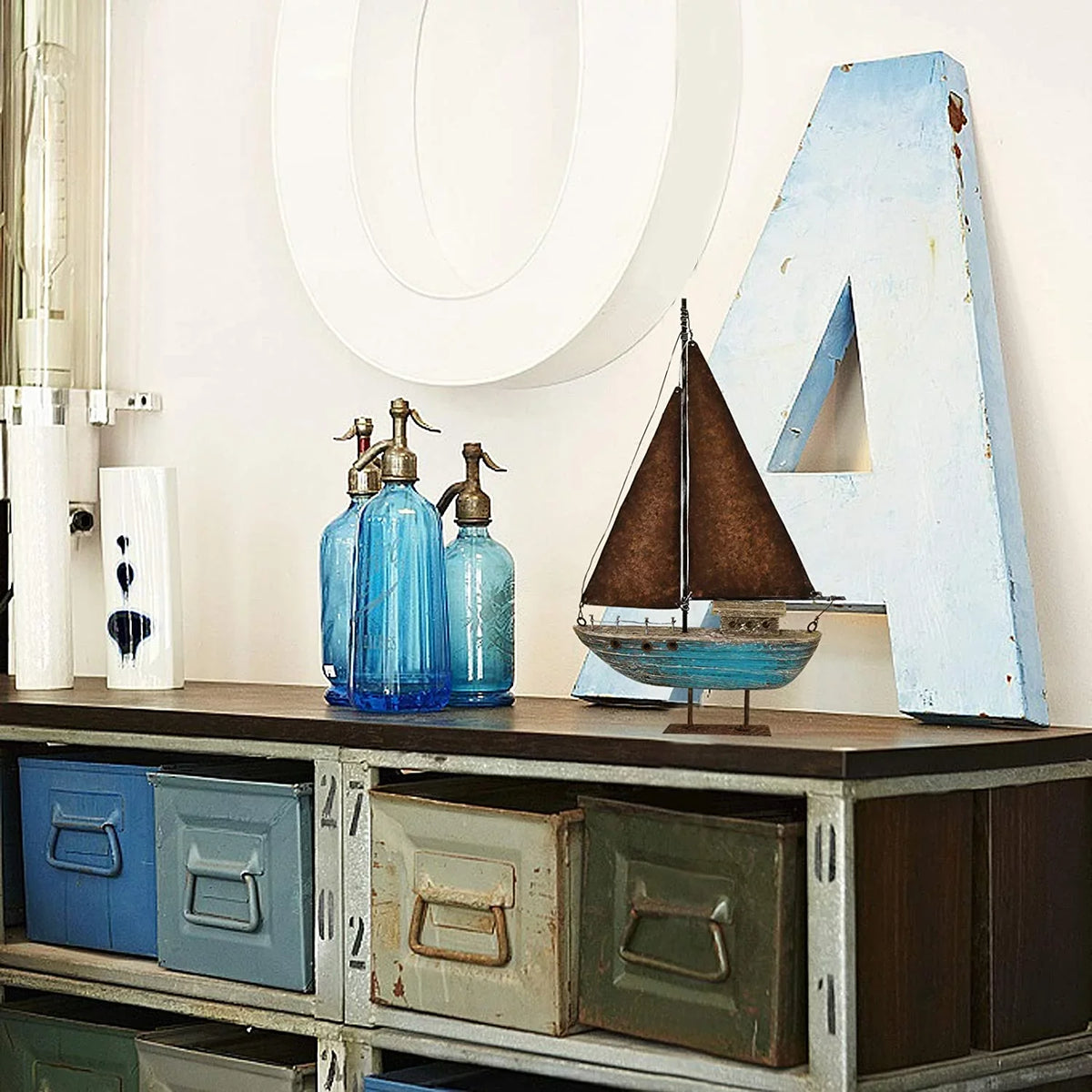 Wood Sailboat Decor Nautical Decoration, 13.43" H Sail Boat Decor Display Rustic Nautical Beach Theme Room Decor Nautical Tabletop Decor for Living Room Bathroom Home Decor (Blue)