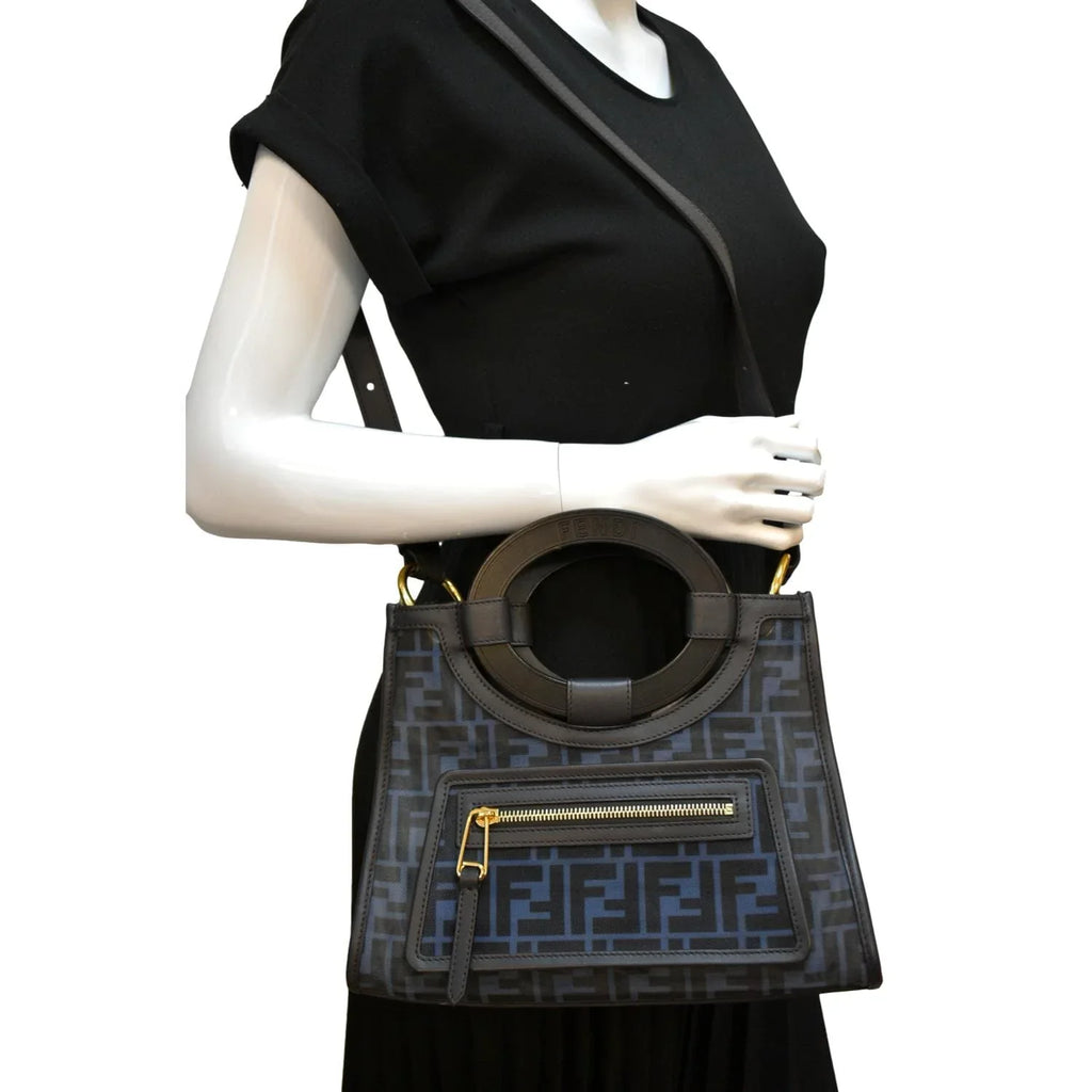 Pre-owned FENDI Runaway Shopper Small TPU FF Leather Tote Bag Black