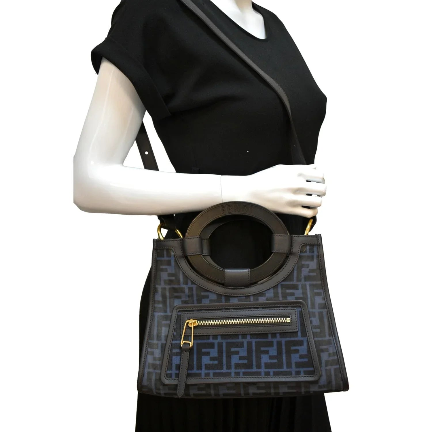 Pre-owned FENDI Runaway Shopper Small TPU FF Leather Tote Bag Black