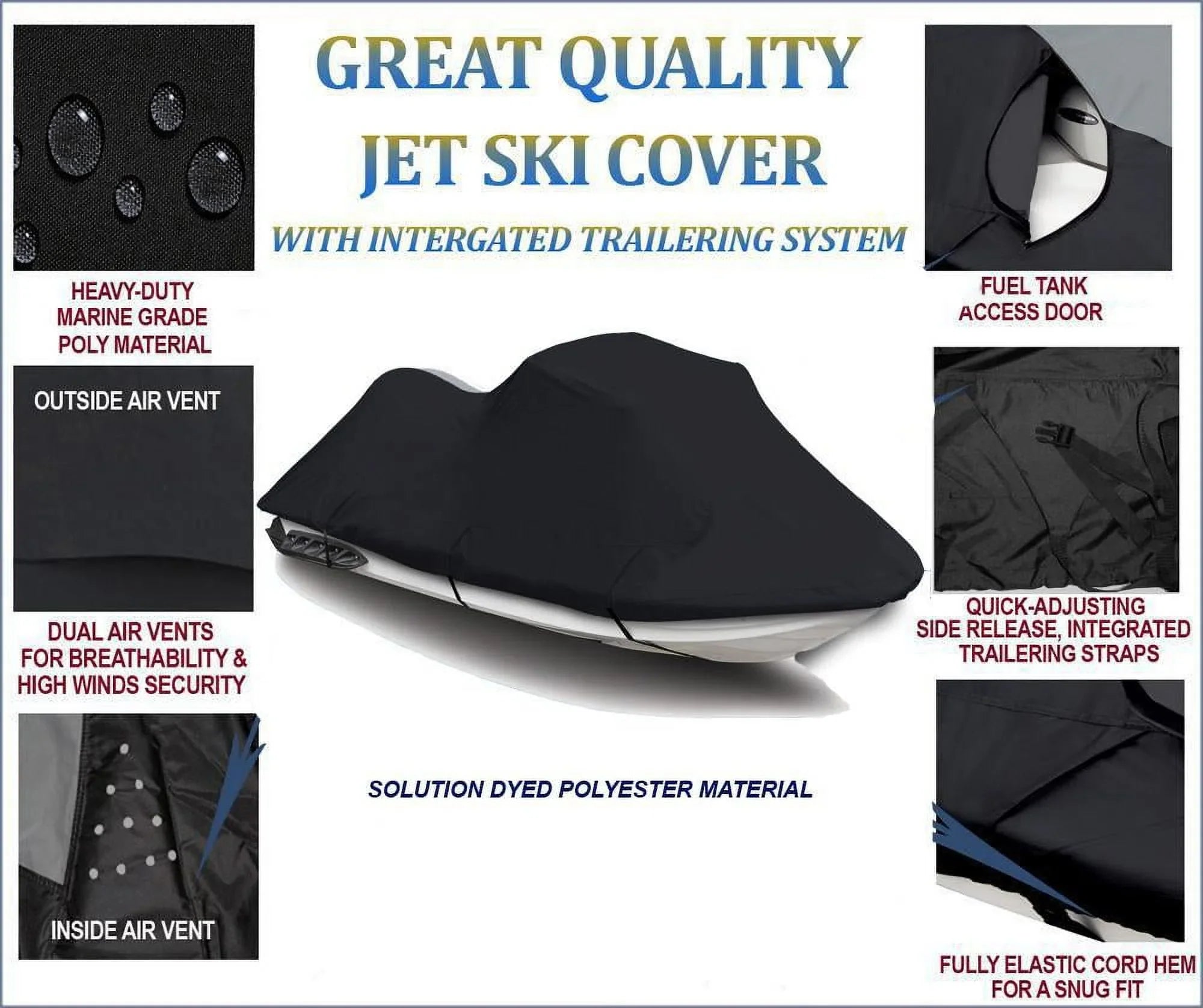BLACK PWC 600D JET SKI Cover Compatible for Yamaha Wave Runner FX Base 2006 2007 2008 2009 2010