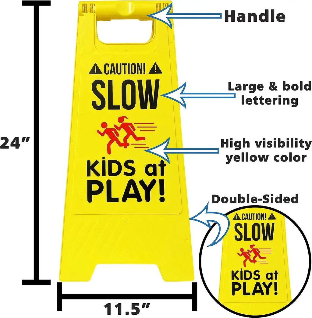 2 Pack Caution! SLOW - KIDS at PLAY! Signs, Double Sided, High Visibility Yellow Color, Fold-Out Standing Signs, Portable with Carrying Handle - by SciencePurchase