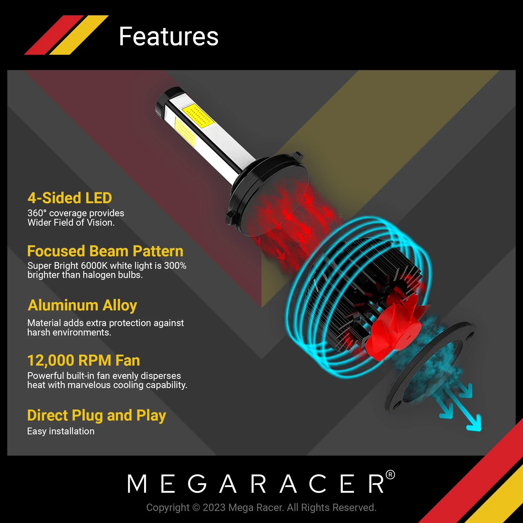 Mega Racer Mercedes-Benz ML320 4 Sided H11 H9 H8 LED Headlight Bulbs 6000K Diamond White 12V 60W 10000LM Mercedes-Benz ML320 2002 2003 2008 2009 02 03 08 09 Fog Light Automotive Replacement