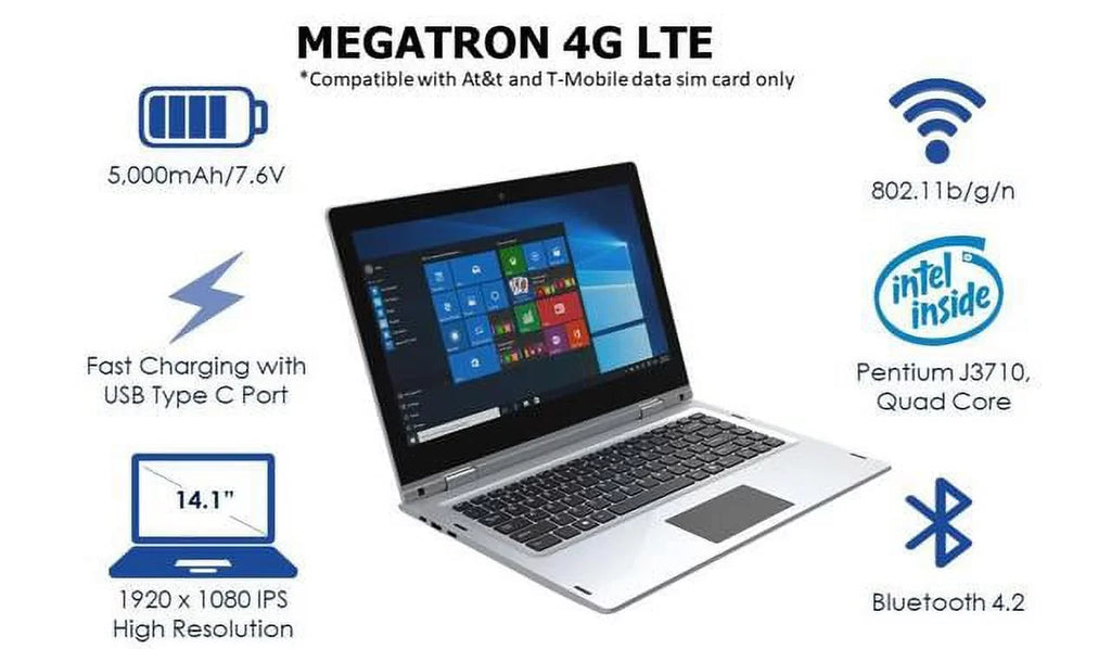 IVIEW Megatron 4G LTE-14.1” 360° Touch Display 4GB/64GB Windows 10 Pro, 1920 x 1080 IPS High Resolution and USB Mouse