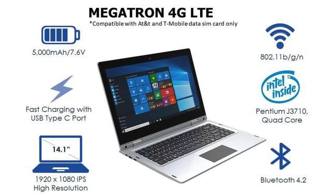 IVIEW Megatron 4G LTE-14.1” 360° Touch Display 4GB/64GB Windows 10 Pro, 1920 x 1080 IPS High Resolution and USB Mouse