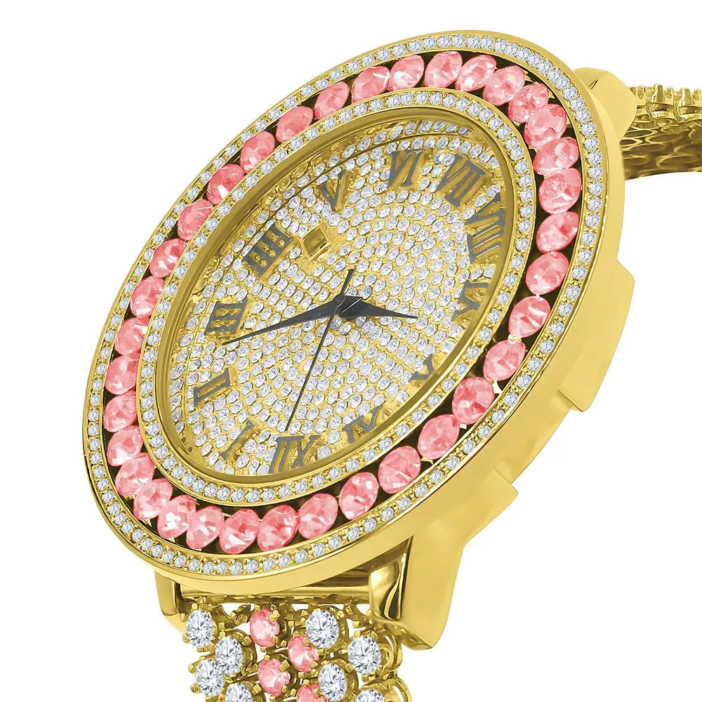 Mens Pink Tourmaline Roman Numeral Dial Big Face Simulated Diamond Gold Tone Jo Rodeo Adjustable Size Band Custom Watch