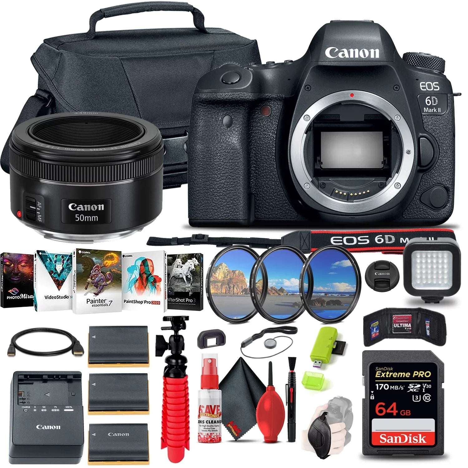 EOS 6D Mark II DSLR Camera (1897C002) + EF 50mm Lens + More