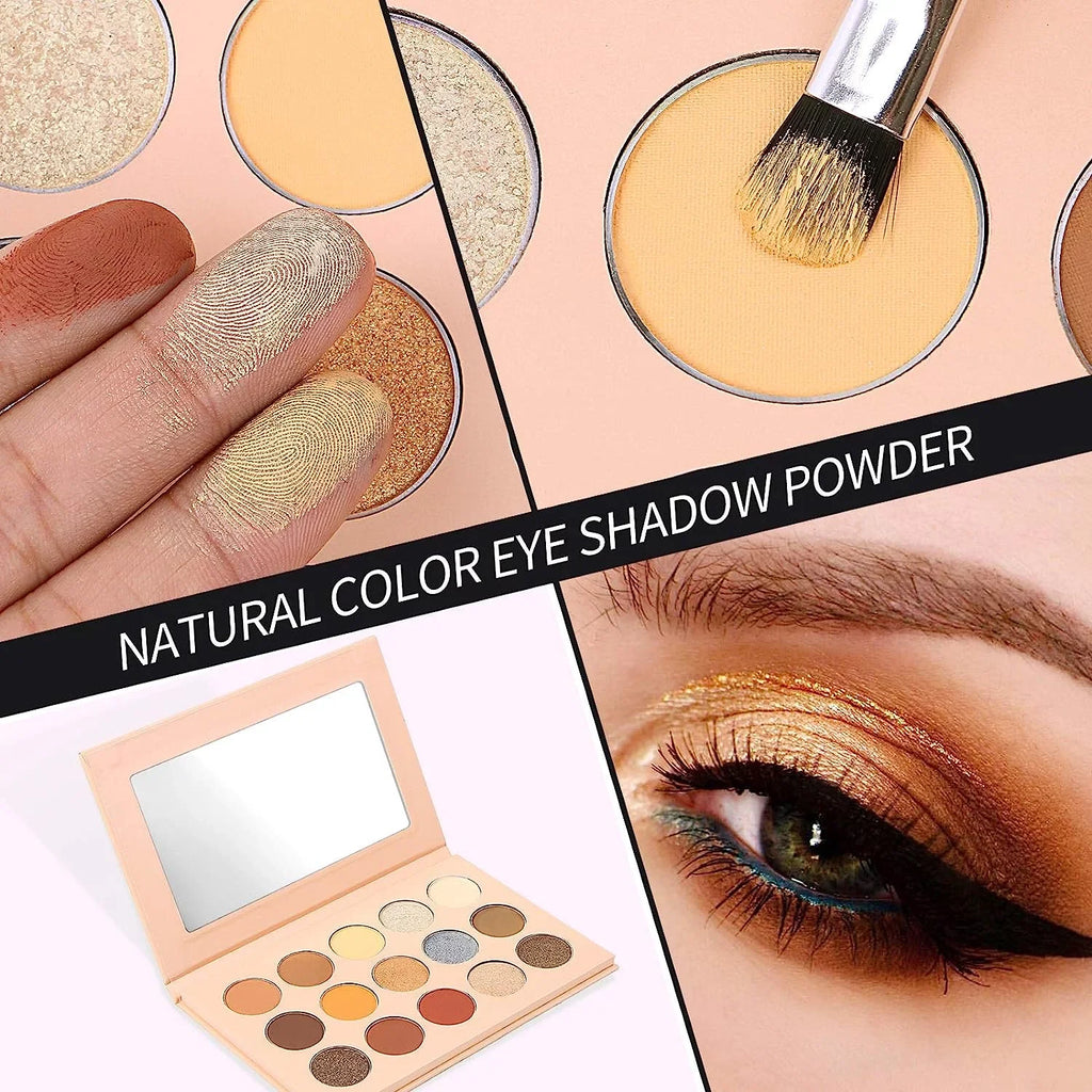 Vodisa Colorful Eyeshadow Palette Matte Shimmer High Pigmented Eyeshadow Pallet 15 Colors Professional Makeup Nudes Warm Natural Long Lasting Liquid Eye Shadow with Make Up Brushes Set (