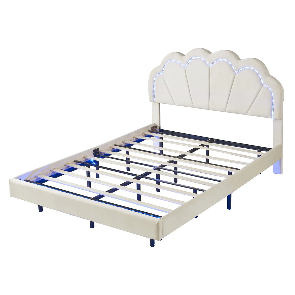 Cosymart Full Upholstered Smart LED Bed Frame with Elegant Flowers Headboard， Floating Velvet Platform LED Bed with Wooden Slats Support， Beige