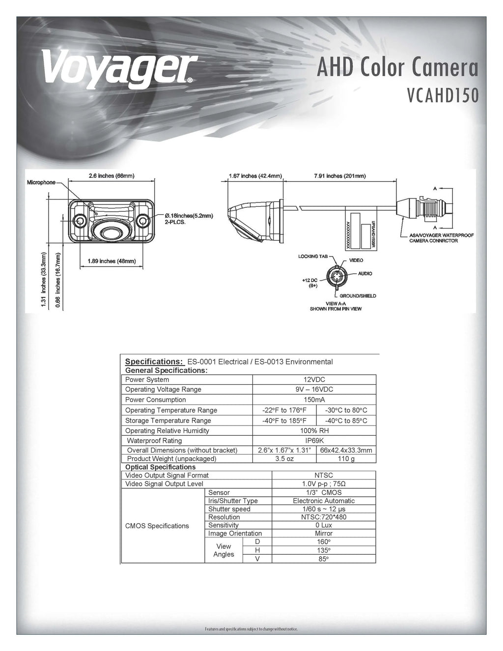 Voyager VCAHD150 Vehicle Surface Mount Heavy Duty AHD Rear Color Camera w/ Night Vision, 160-Degree Viewing Angle, IR LED Low Light Assist, White Impact Resistant Aluminum Housing, IP69K Liquid